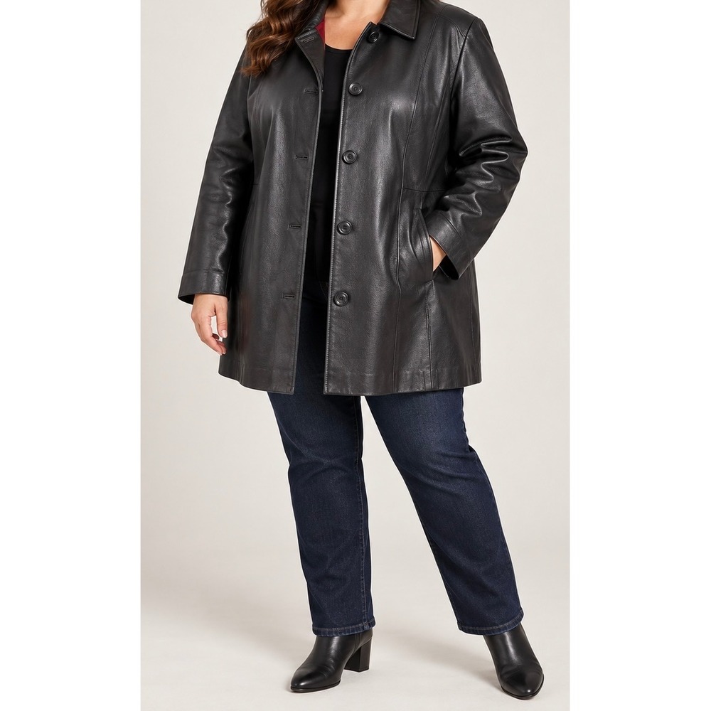 Croft & Barrow Leather Jacket Woman 2X Black Button Front Classic Coat